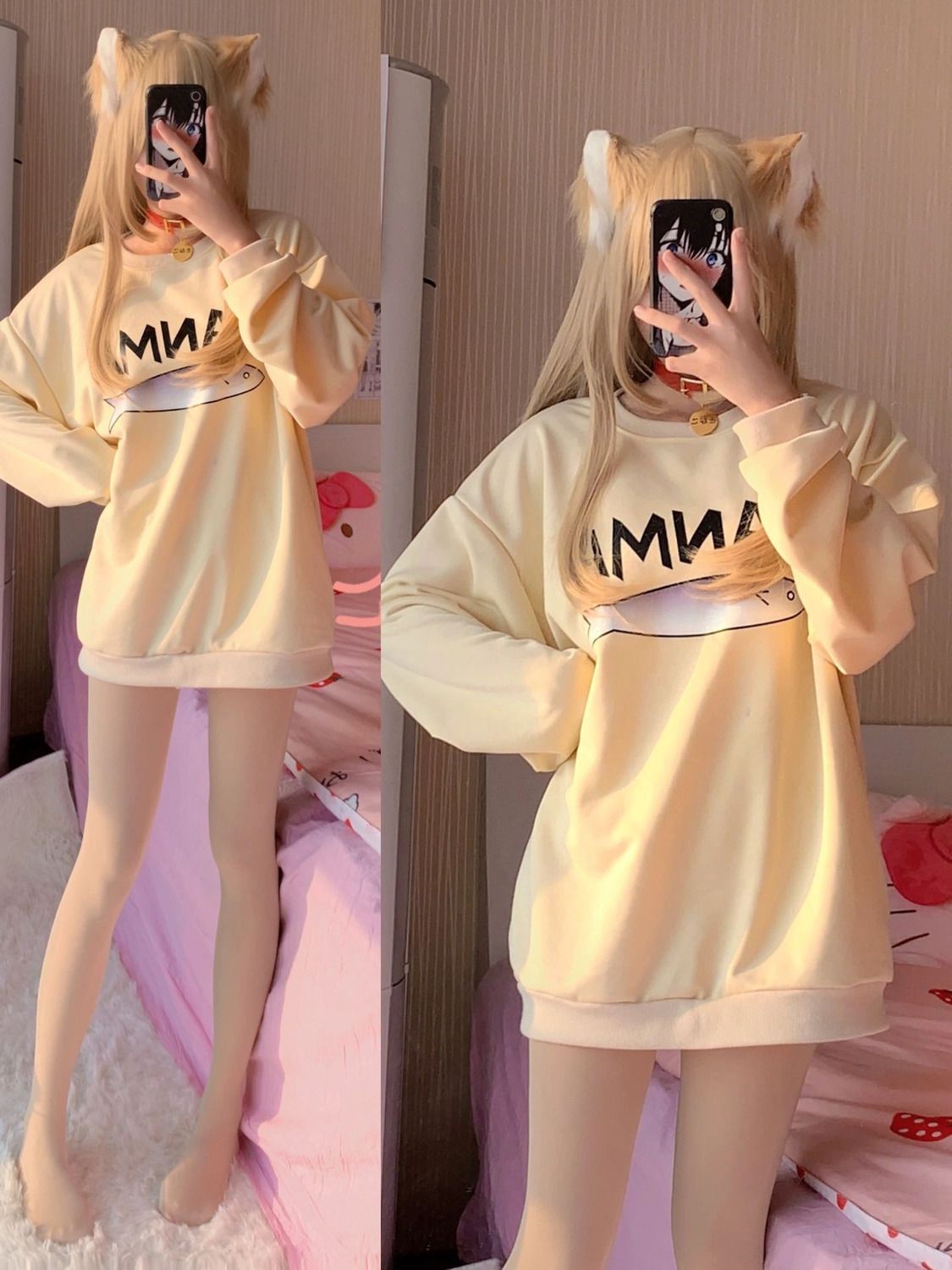 日系春夏秋冬原猫娘杏色cos可爱连帽宽松卫衣外套女潮新款宅系穿搭